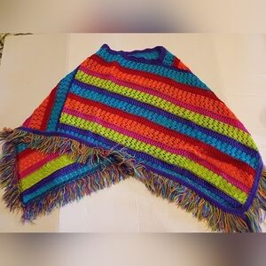 VTG Star City Girls Colorful Striped Kids Poncho Sz M